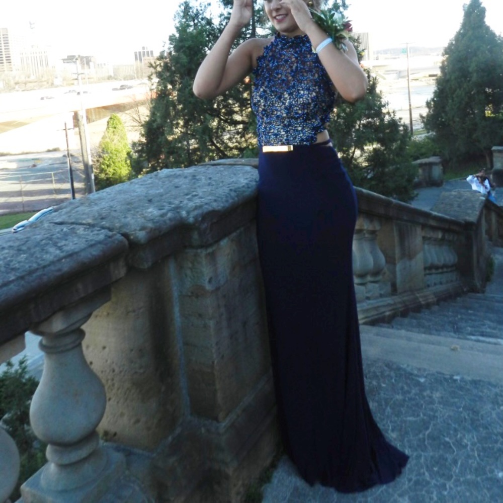 Alyce Paris halter navy blue prom dress